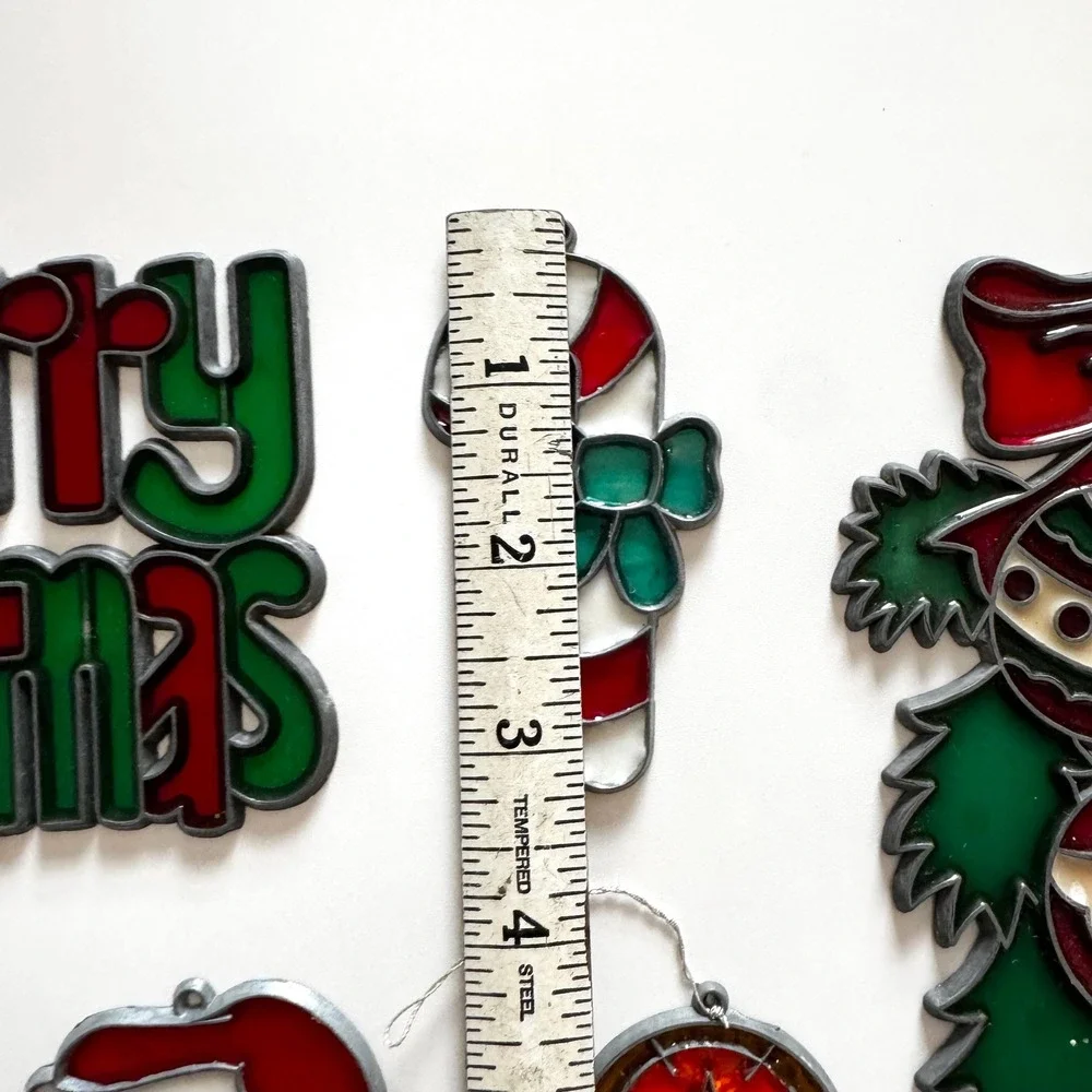 Vintage Stained Glass Christmas‎ Ornaments: Santa, Snowman, Set of 6